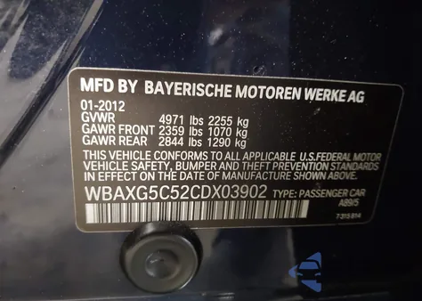 2012 BMW 528I z USA, uszkodzony, nr VIN WBAXG5C52CDX03902